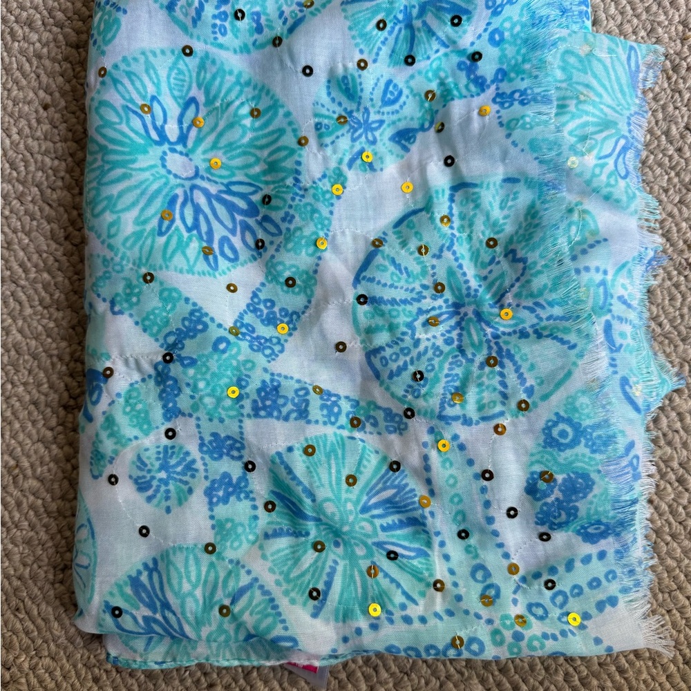 Lilly Pulitzer for Target Blue Green Sand Dollar, Starfish Scarf, Sequins, NWOT